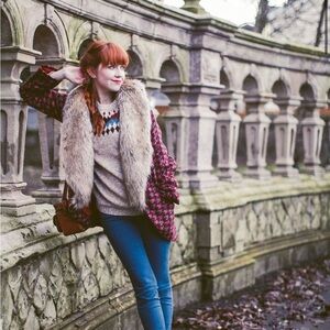 Red and Brown Women's Coat with Faux Fur Collar